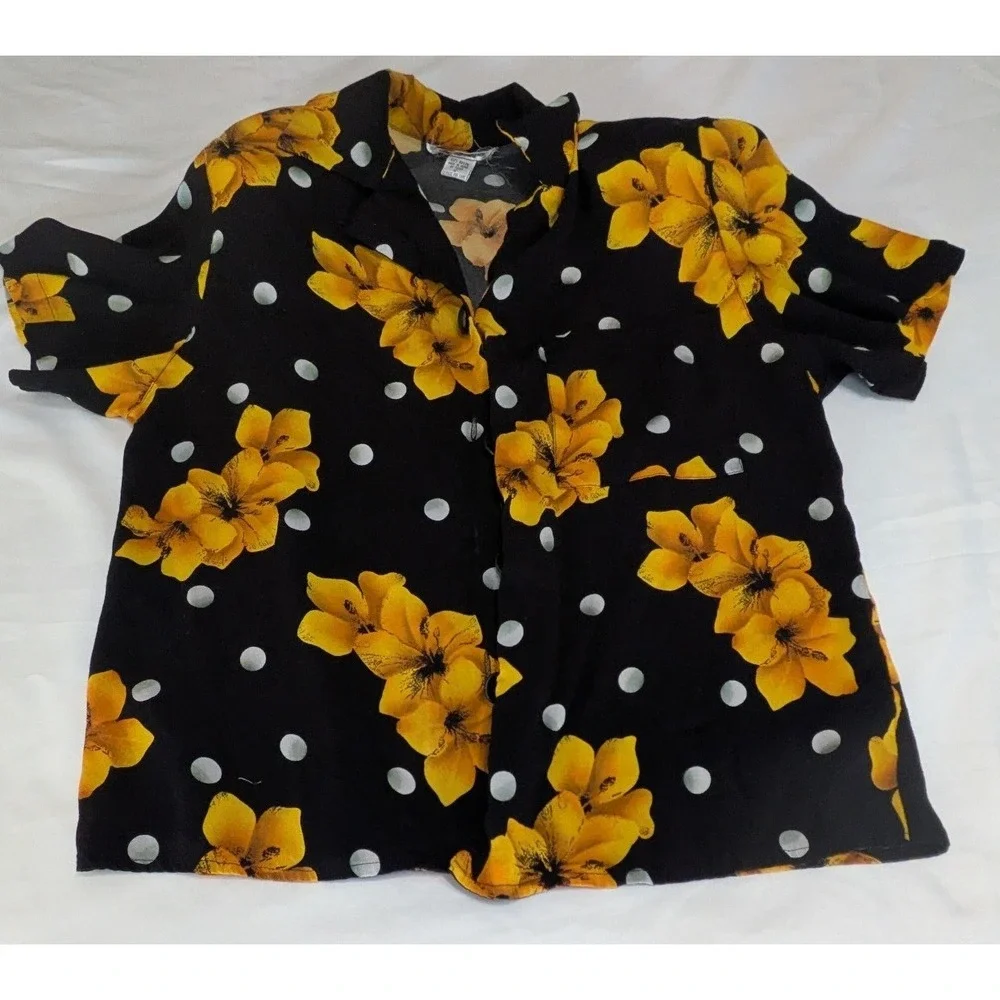 Vintage 2 Piece Skirt Set Womens 12 Black Yellow Floral Polka Dot Rayon 90s